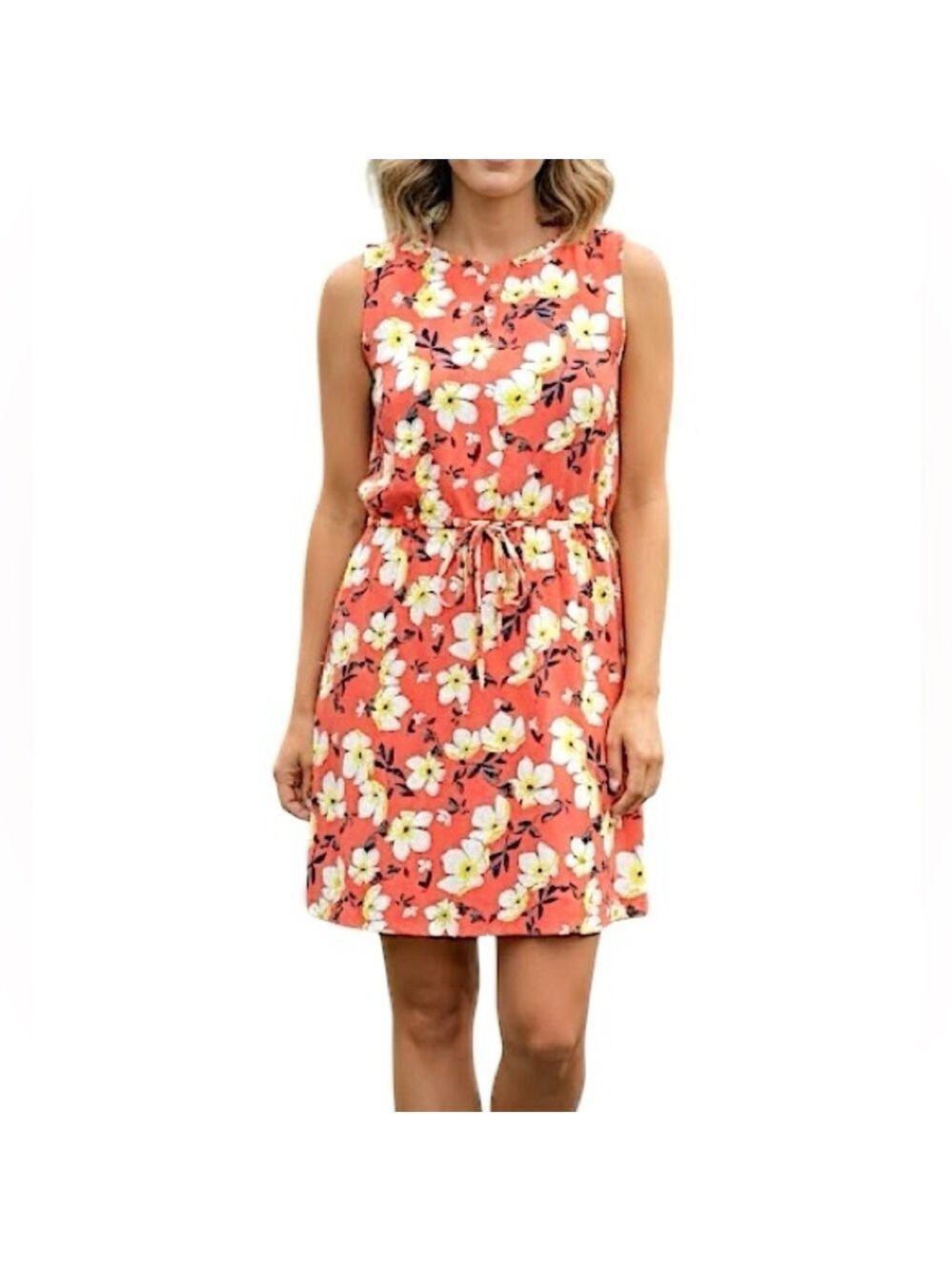 ESQUALO coral floral sleeveless split neck shift dress 6